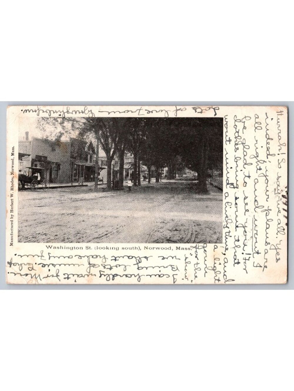 Antique 1906 Washington St Norwood Mass Postcard Horse Carriage Main Street MA
